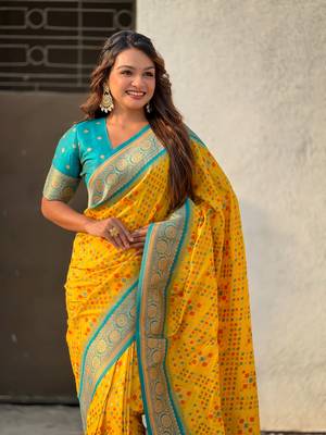 Yellow patola silk blend weaving ikkat meenakari saree 3