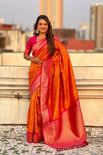Orange patola silk blend weaving ikkat meenakari designer saree