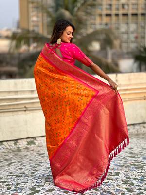 Orange patola silk blend weaving ikkat meenakari saree 2