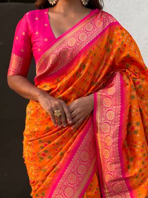 Orange patola silk blend weaving ikkat meenakari saree 3