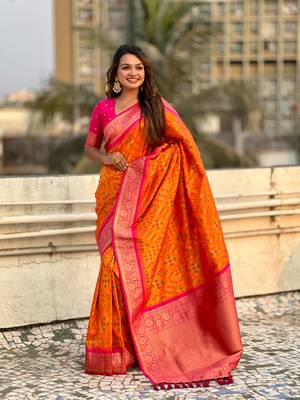 Orange patola silk blend weaving ikkat meenakari saree 4