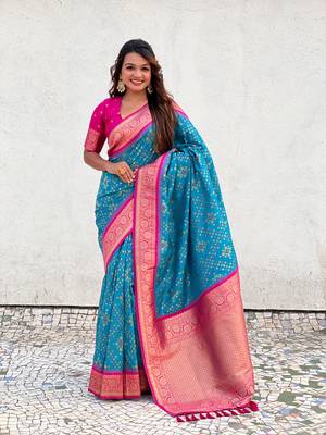 Firozi patola silk blend weaving ikkat meenakari saree 1
