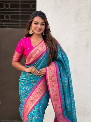 Firozi patola silk blend weaving ikkat meenakari saree 2