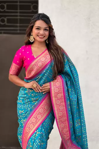 Firozi patola silk blend weaving ikkat meenakari saree