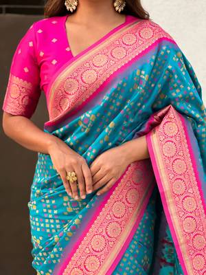 Firozi patola silk blend weaving ikkat meenakari saree 3