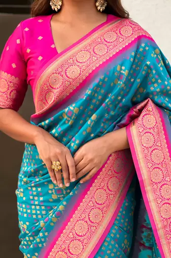 Firozi patola silk blend weaving ikkat meenakari saree