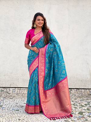 Firozi patola silk blend weaving ikkat meenakari saree 4