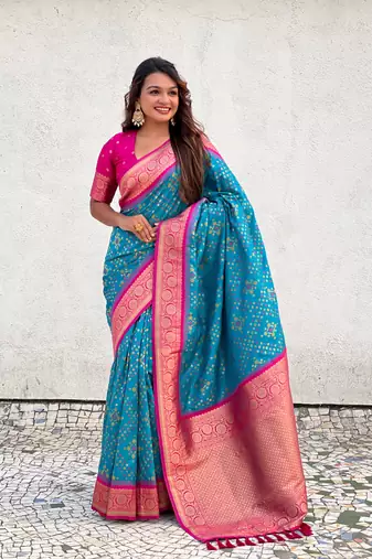 Firozi patola silk blend weaving ikkat meenakari saree