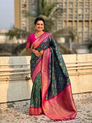 Green patola silk blend weaving ikkat meenakari saree 1