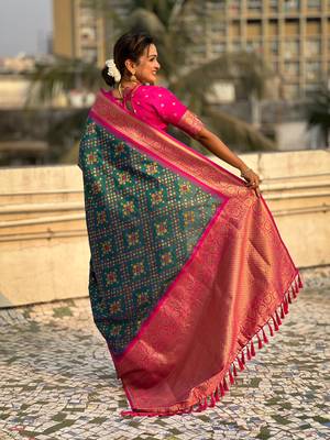 Green patola silk blend weaving ikkat meenakari saree 2