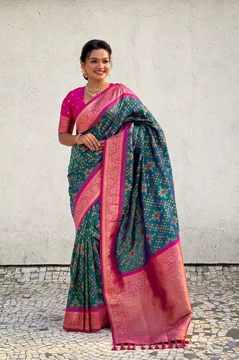 Green patola silk blend weaving ikkat meenakari saree