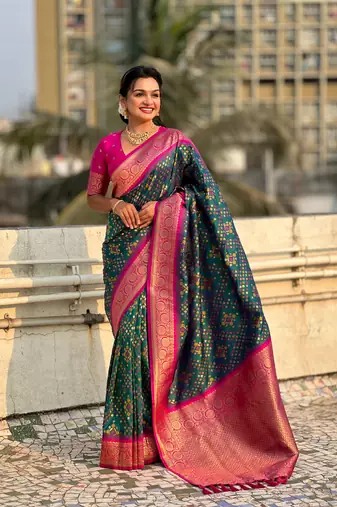 Green patola silk blend weaving ikkat meenakari saree