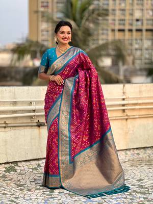 Maroon patola silk blend weaving ikkat meenakari saree 1