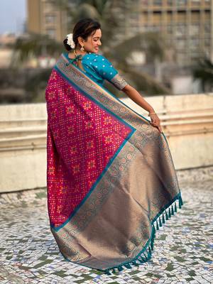 Maroon patola silk blend weaving ikkat meenakari saree 2