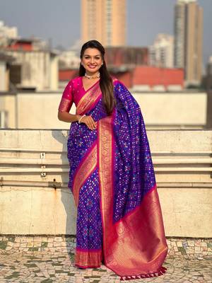 Purple patola silk blend weaving ikkat meenakari saree 1