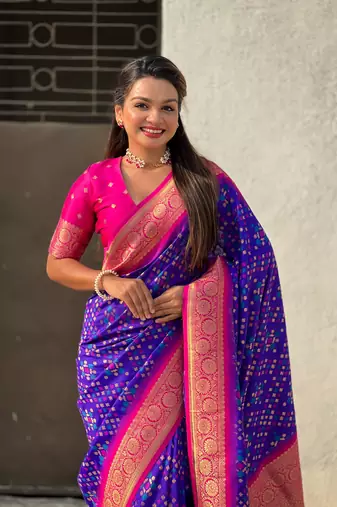Purple patola silk blend weaving ikkat meenakari saree