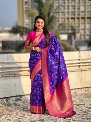 Purple patola silk blend weaving ikkat meenakari saree 4