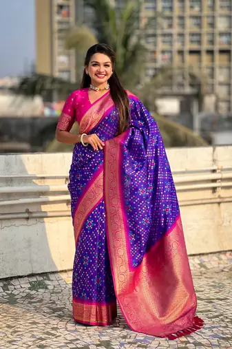 Purple patola silk blend weaving ikkat meenakari saree