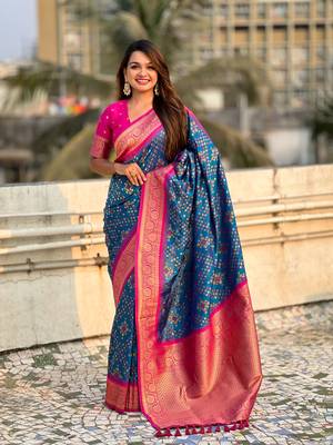 Blue patola silk blend weaving ikkat meenakari saree 1