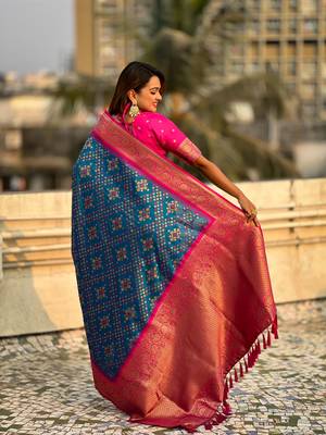 Blue patola silk blend weaving ikkat meenakari saree 2