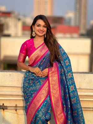 Blue patola silk blend weaving ikkat meenakari saree 3