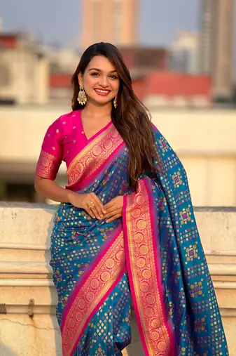 Blue patola silk blend weaving ikkat meenakari saree