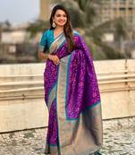 Violet patola silk blend weaving ikkat meenakari saree