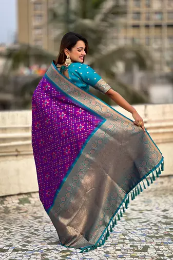 Violet patola silk blend weaving ikkat meenakari saree