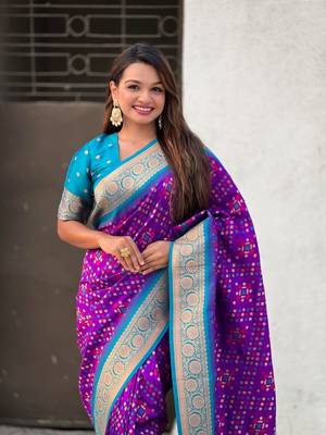 Violet patola silk blend weaving ikkat meenakari saree 3