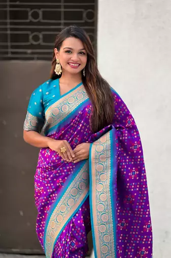 Violet patola silk blend weaving ikkat meenakari saree