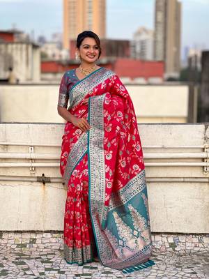 Red faux banarasi silk blend weaving meenakari saree 1