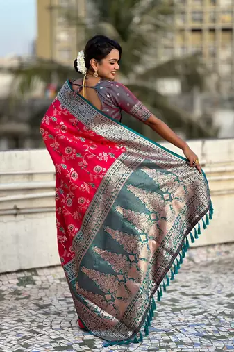 Red faux banarasi silk blend weaving meenakari saree