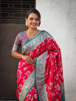 Red faux banarasi silk blend weaving meenakari saree 3