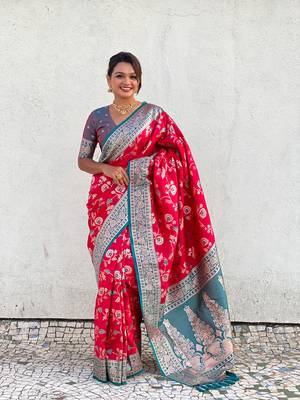 Red faux banarasi silk blend weaving meenakari saree 4