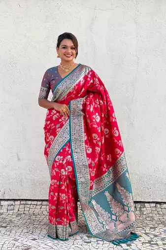 Red faux banarasi silk blend weaving meenakari saree