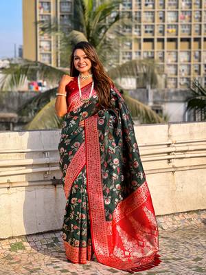 Green faux banarasi silk blend weaving meenakari saree 1