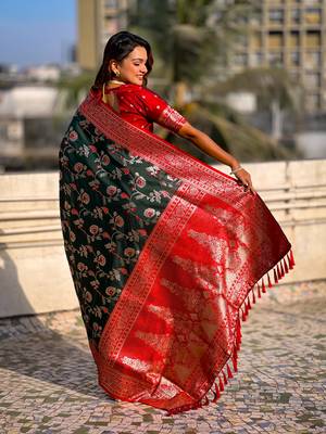 Green faux banarasi silk blend weaving meenakari saree 2