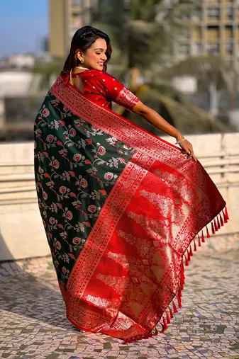 Green faux banarasi silk blend weaving meenakari saree