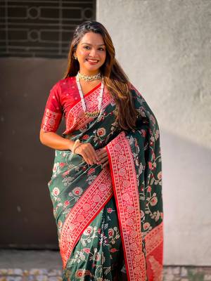 Green faux banarasi silk blend weaving meenakari saree 3