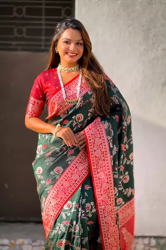 Green faux banarasi silk blend weaving meenakari saree