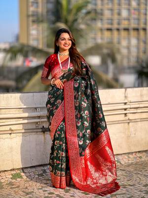 Green faux banarasi silk blend weaving meenakari saree 4