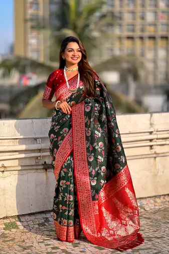 Green faux banarasi silk blend weaving meenakari saree