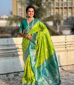Parrot banarasi silk blend weaving meenakari saree