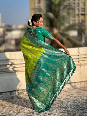 Parrot faux banarasi silk blend weaving meenakari saree 2