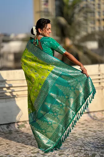 Parrot faux banarasi silk blend weaving meenakari saree