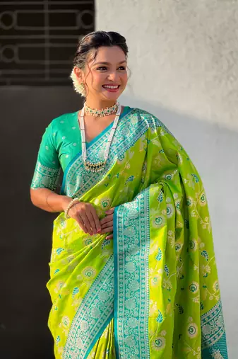 Parrot faux banarasi silk blend weaving meenakari saree