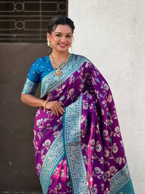 Voilet faux banarasi silk blend weaving meenakari saree 2