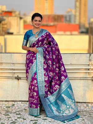 Voilet faux banarasi silk blend weaving meenakari saree 3