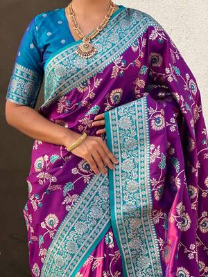 Voilet faux banarasi silk blend weaving meenakari saree 4