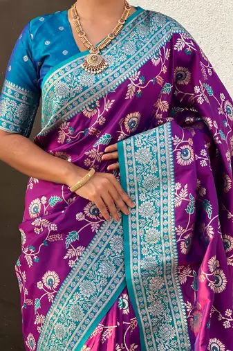 Voilet faux banarasi silk blend weaving meenakari saree